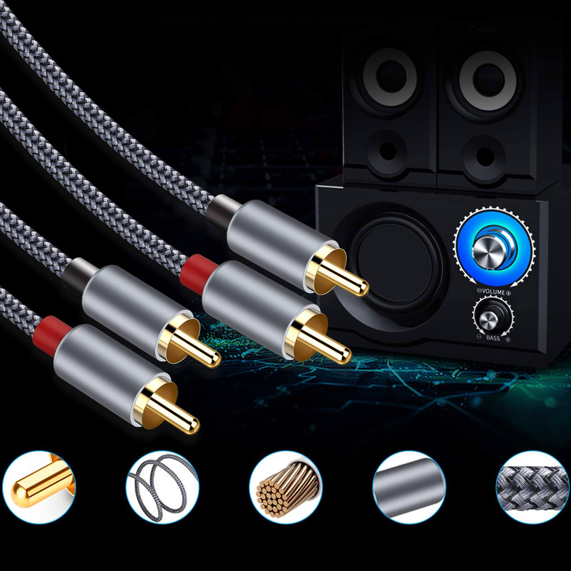 Cztery plecione kable audio ze złotymi wtykami RCA przed głośnikami.