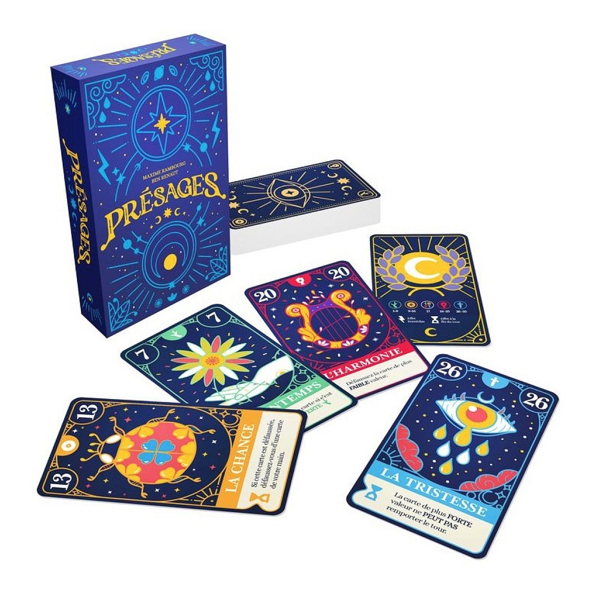 Kartenspiel Présages mit blauer Verpackung und bunten Tarot-ähnlichen Karten auf weißem Hintergrund.