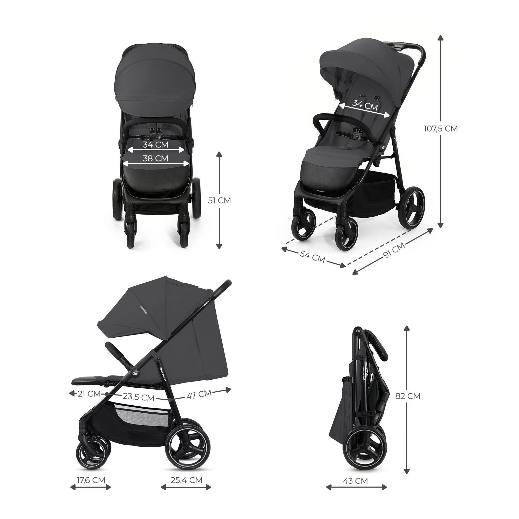 Grauer Kinderwagen aus verschiedenen Blickwinkeln mit detaillierten cm-Abmessungen.