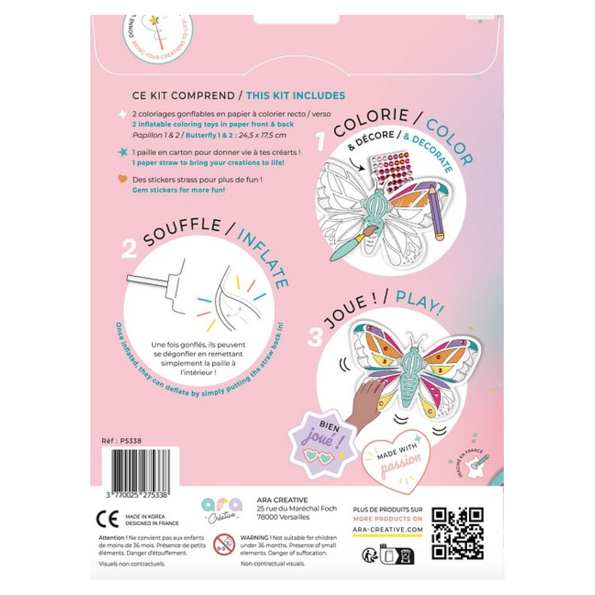 Rückseite einer Bastelpackung für aufblasbare Schmetterlinge mit Anleitungen auf Französisch und Englisch.