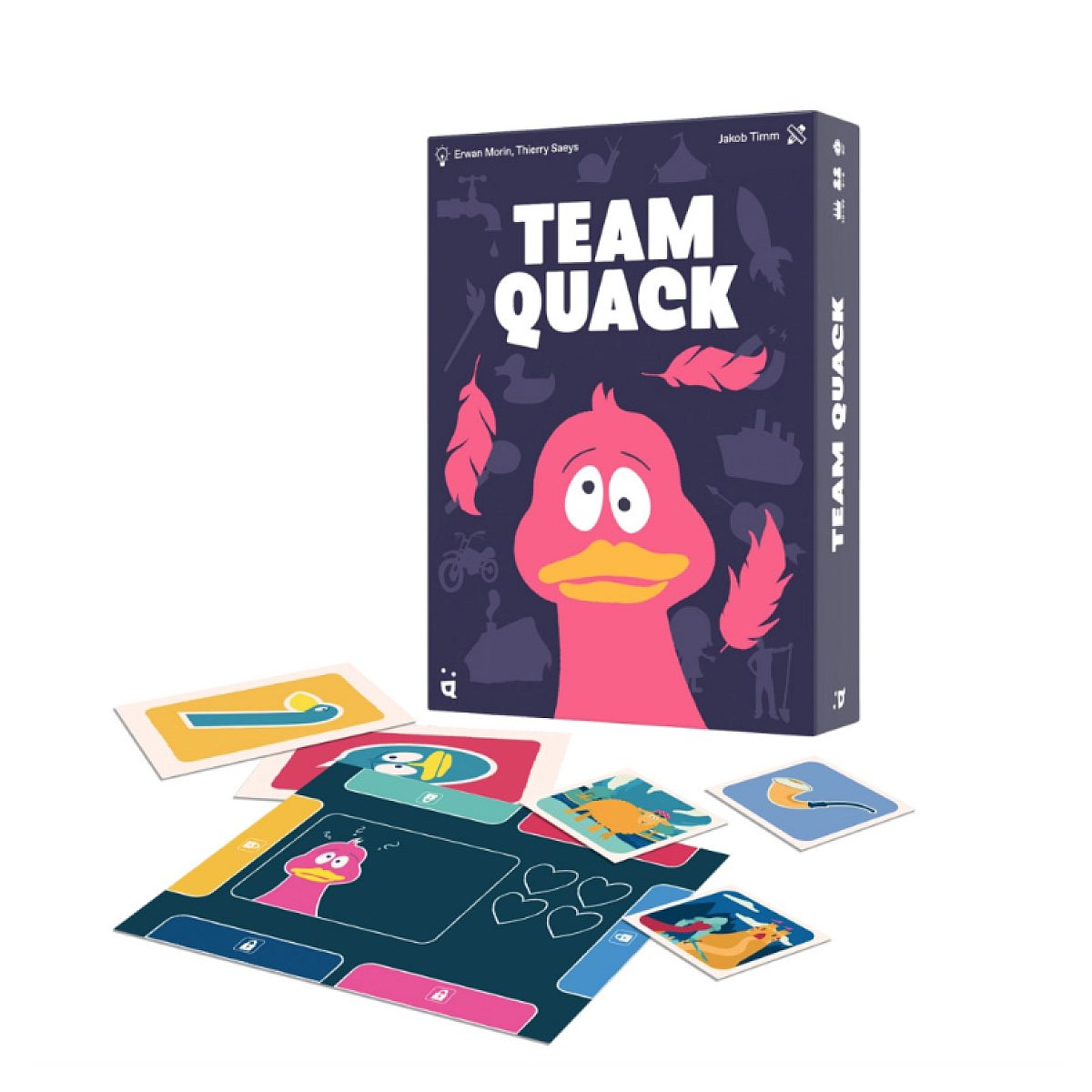 Team Quack Brettspielschachtel mit rosa Ente, Spielplan und Karten auf weißem Hintergrund.