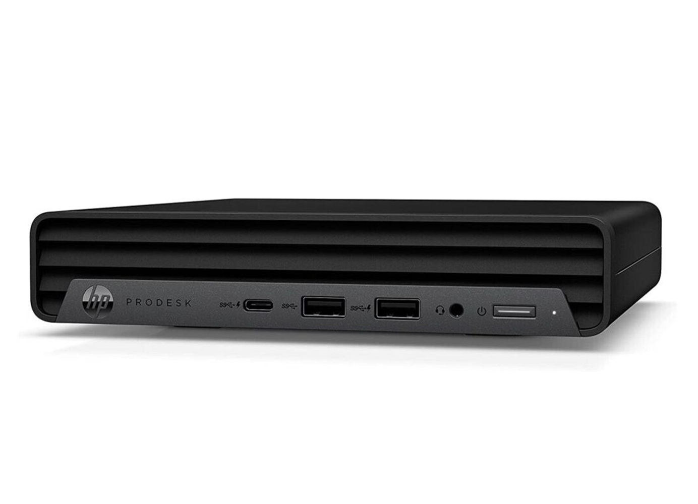 Widok z przodu czarnego mini PC HP ProDesk z portami USB, gniazdem audio i przyciskiem zasilania.