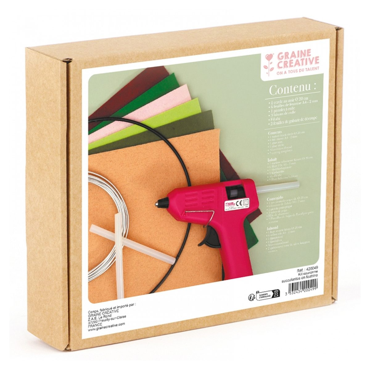 Bastelset-Verpackung mit Filzplatten, Heißklebepistole, Draht und Klebestiften.