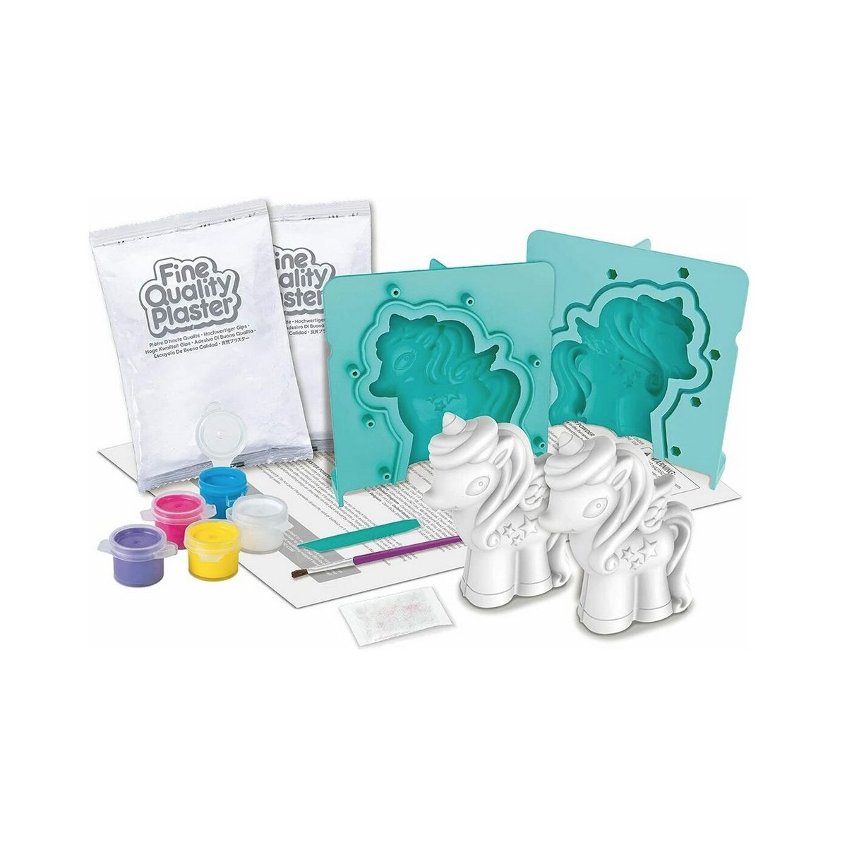 Bastelset mit zwei Einhorn-Gipsfiguren, blauen Formen, Gipsbeuteln, Farben und Pinsel.
