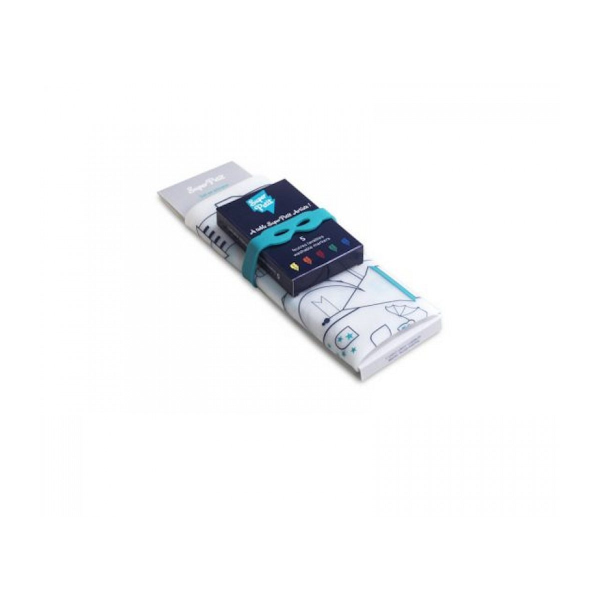 Eine gerollte weiße Silikon-Malmatte mit blauen Linien und ein kleiner blauer Marker-Kasten, verbunden mit einem blauen Band.