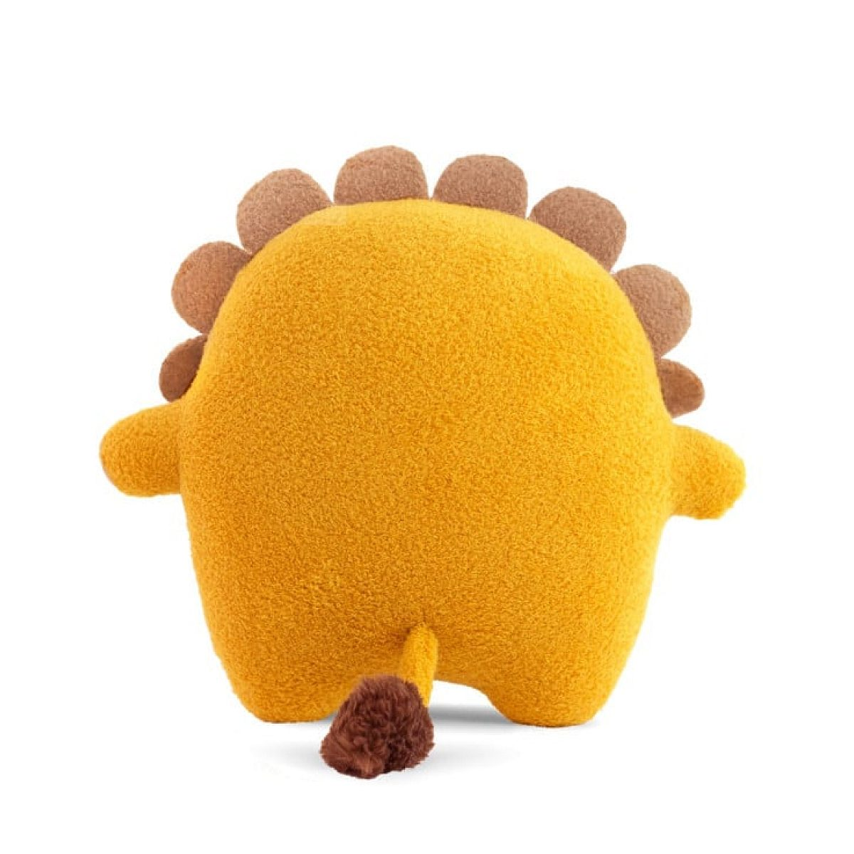 Rückansicht eines gelben Plüschtieres mit brauner Mähne und Schwanz.