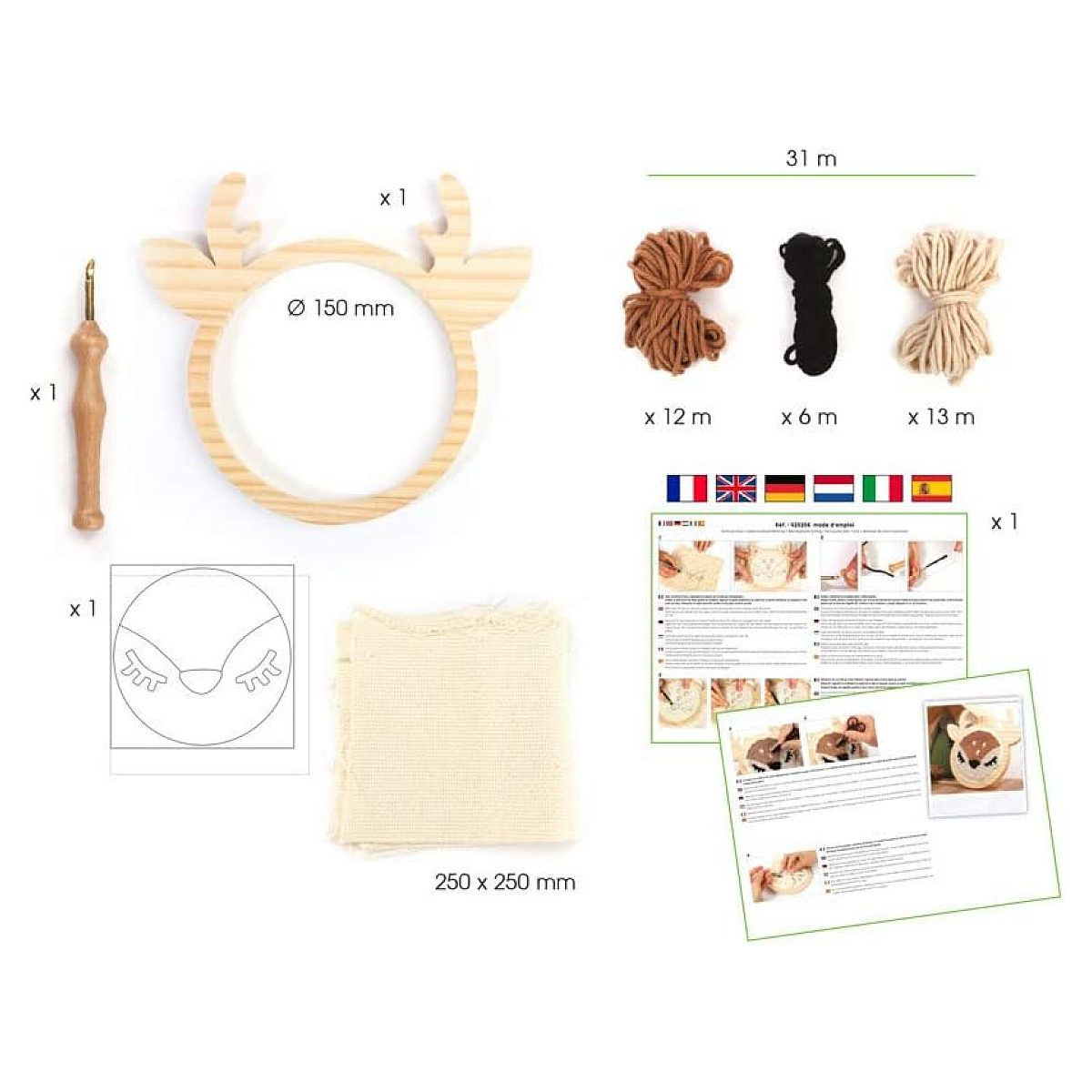 Punch-Needle-Set mit Holzrahmen, Stoff, Garn, Nadel, Vorlage und Anleitung.