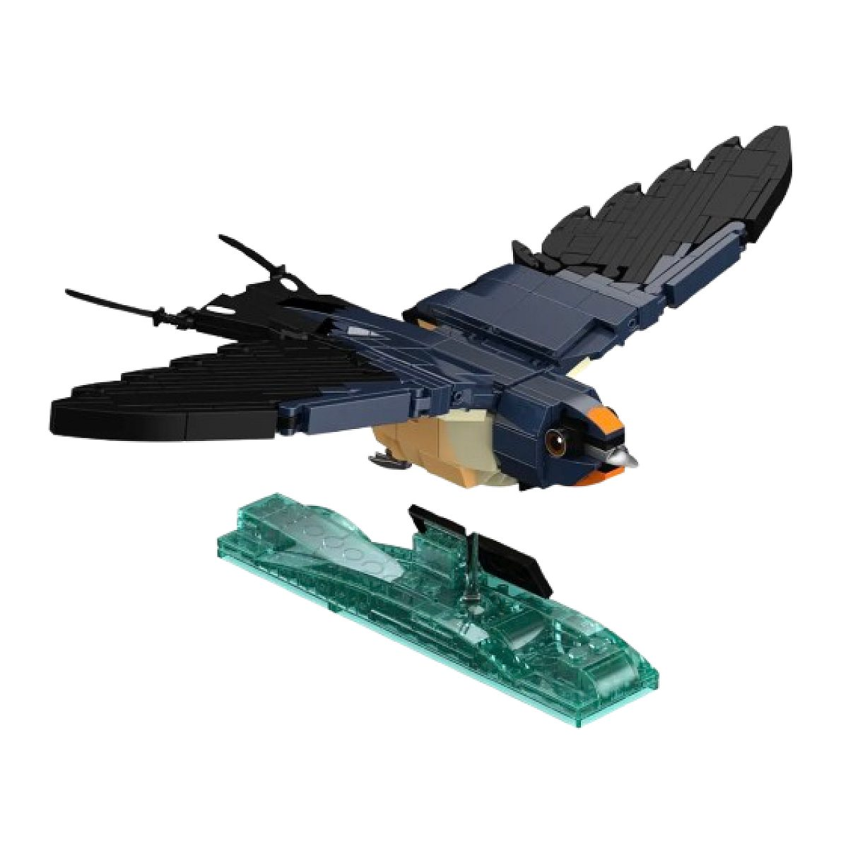 Ein Lego-Vogel mit ausgebreiteten schwarzen Flügeln fliegt über einem transparenten grünen Ständer.