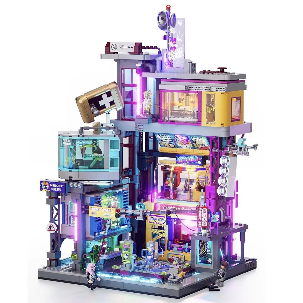 Ein mehrstöckiges, buntes Lego-Cyberpunk-Gebäude mit Neonlichtern und kleinen Figuren.