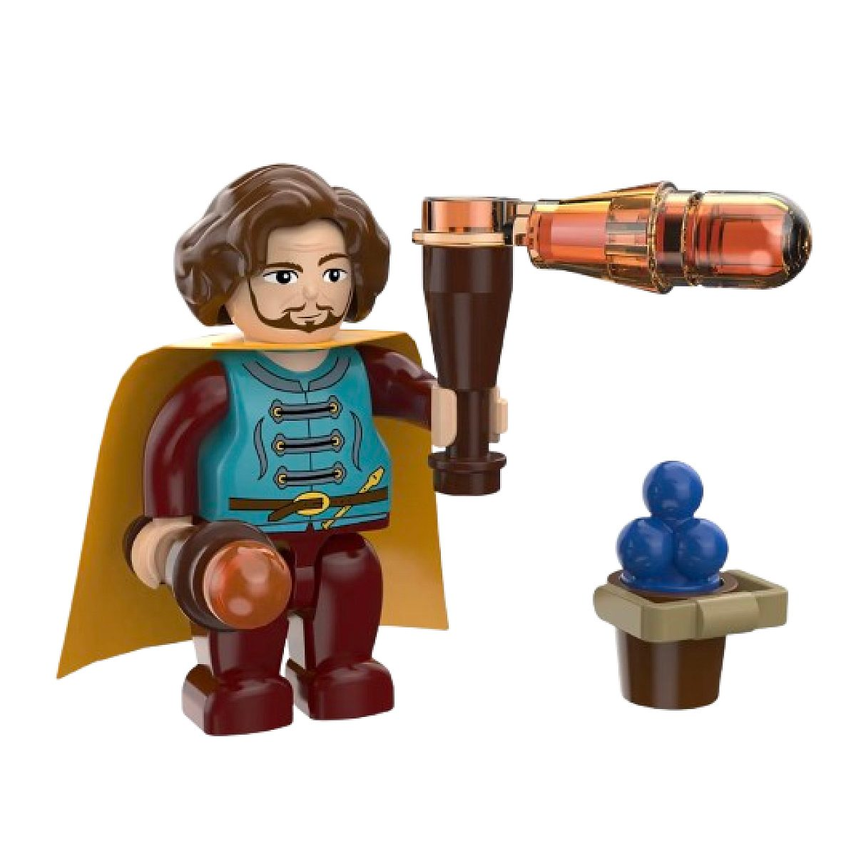 Eine Lego-Minifigur eines Mannes mit braunen Haaren, blauer Tunika, gelbem Umhang und braunem Gerät neben blauem Objekt.