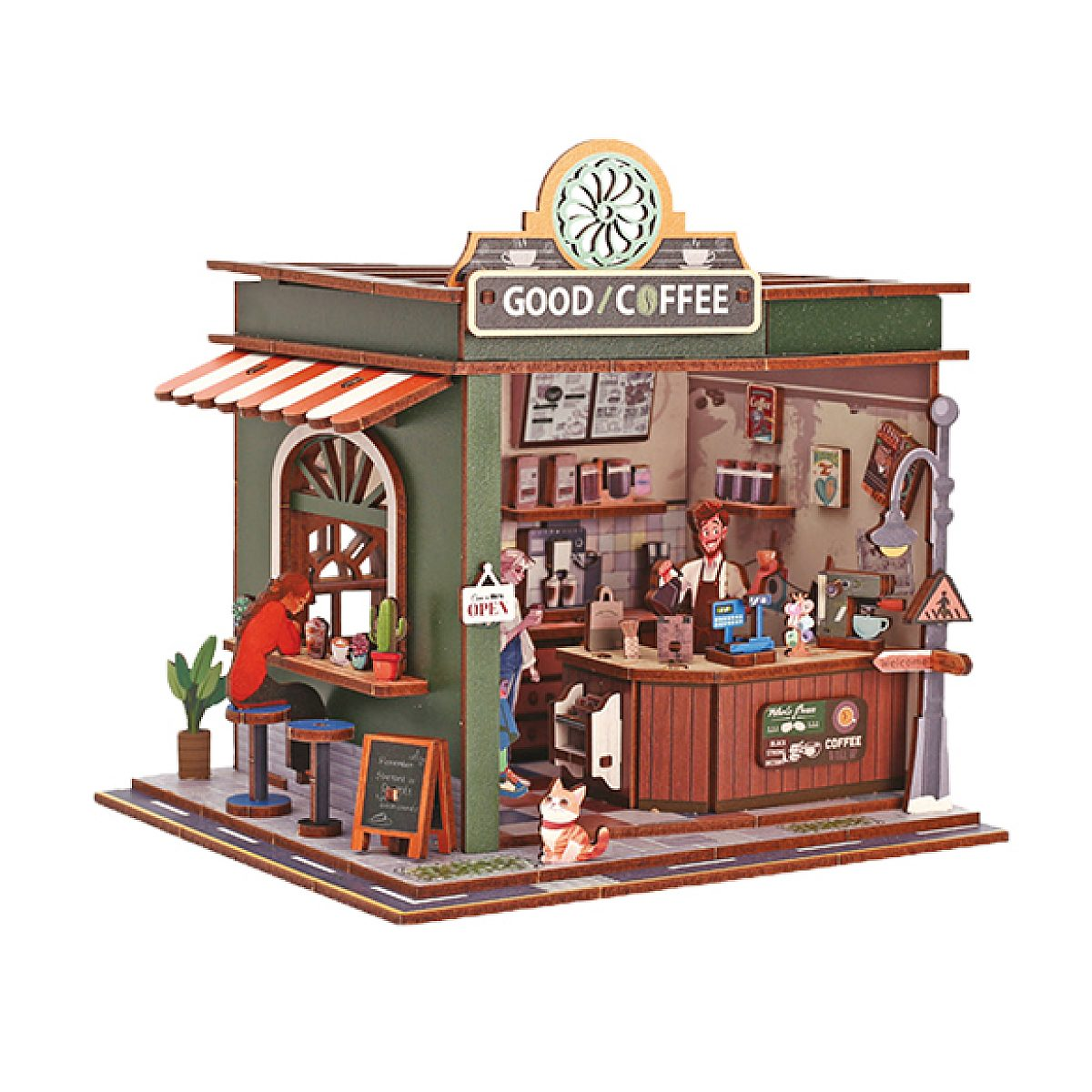 Ein detailreiches, hölzernes Miniatur-Café mit einer Barista-Figur, Kunden und einer Katze auf dem Bürgersteig.