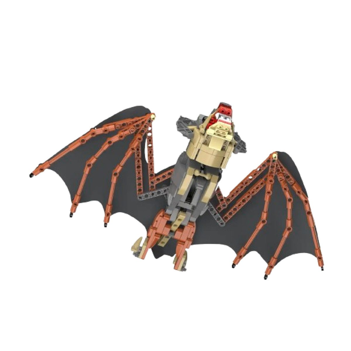 Eine Spielzeugfledermaus aus grauen, braunen und roten Legosteinen mit großen schwarzen Flügeln.
