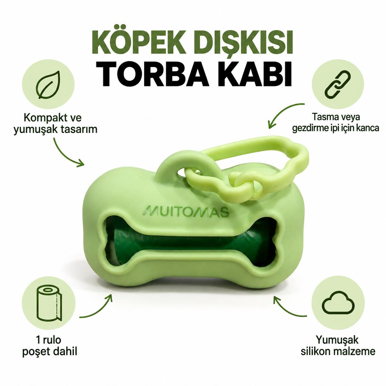 Türkçe yazılı ve dört açıklayıcı simgeli açık yeşil kemik şeklinde kaka torbası kabı.