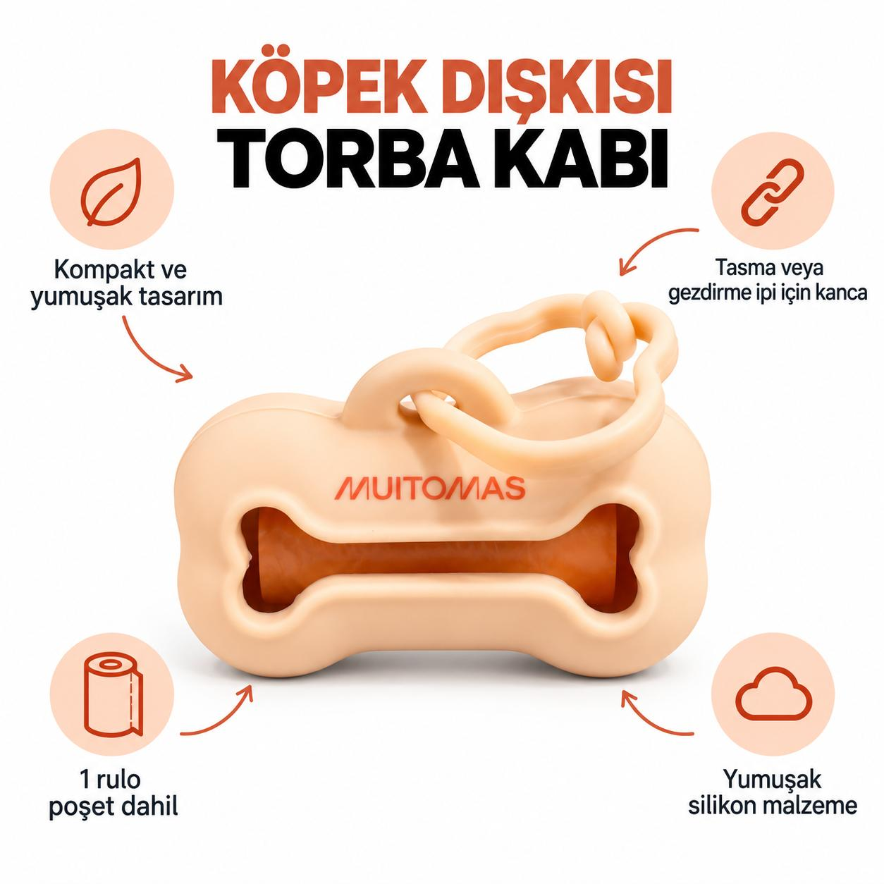 Kancalı ve rulo poşetli, kemik şeklinde bej rengi köpek dışkı torbası kabı, etrafında Türkçe özellikler.