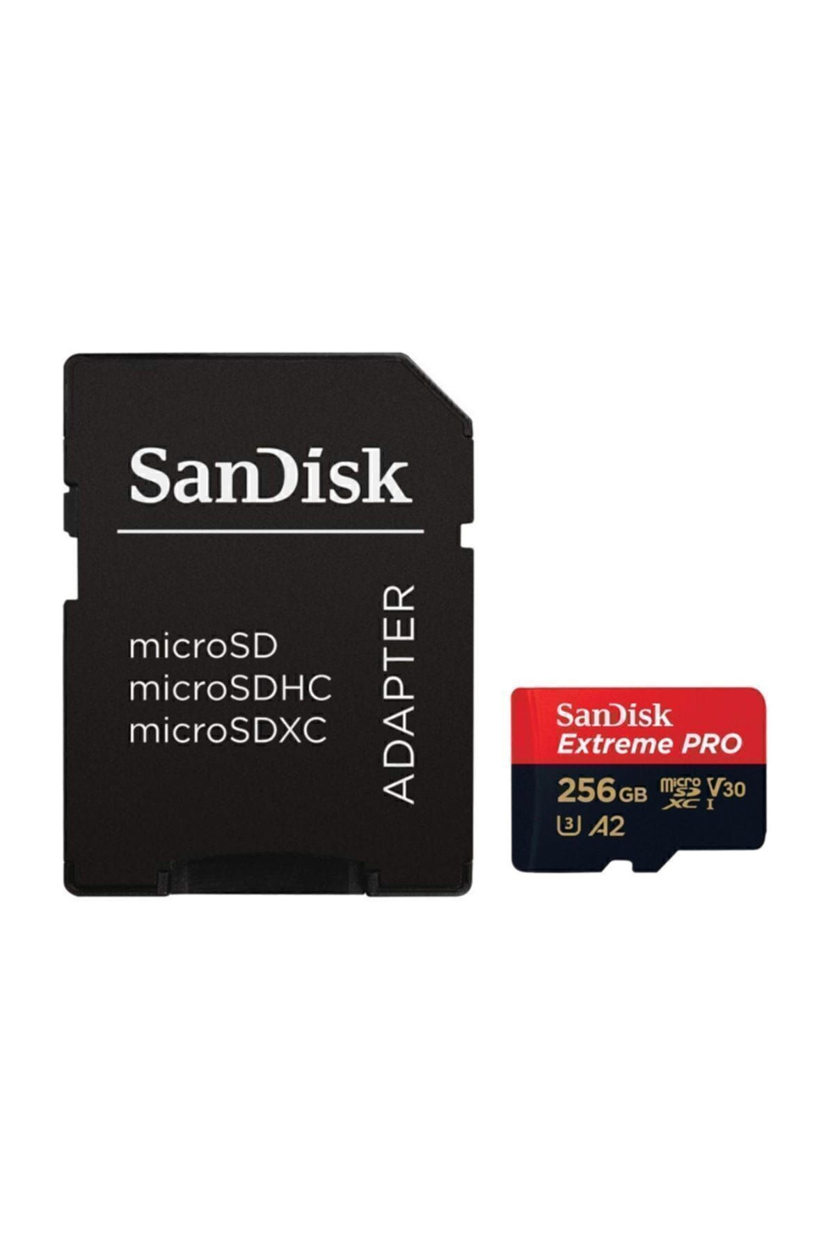 Beyaz arka planda kırmızı ve siyah SanDisk Extreme PRO 256GB microSD kartın yanında siyah bir SanDisk SD kart adaptörü.