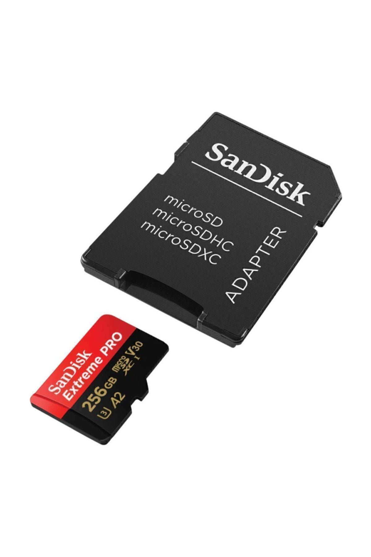 Beyaz arka planda siyah bir SD kart adaptörüne sahip kırmızı ve siyah SanDisk Extreme Pro 256GB mikro SD kart.