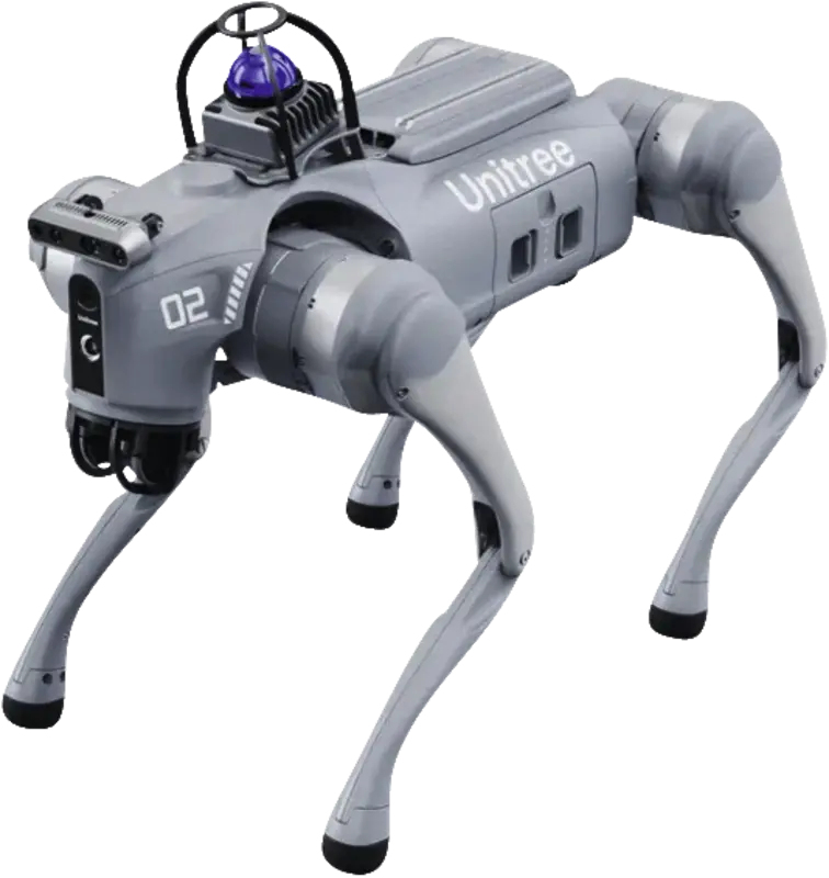 Un perro robot Unitree gris con cuatro patas, cámaras y sensores en la espalda y la cabeza, sobre un fondo blanco.