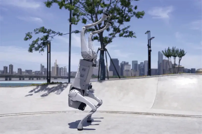 Un perro robot gris hace el pino en un parque de patinaje, con un horizonte urbano al fondo.