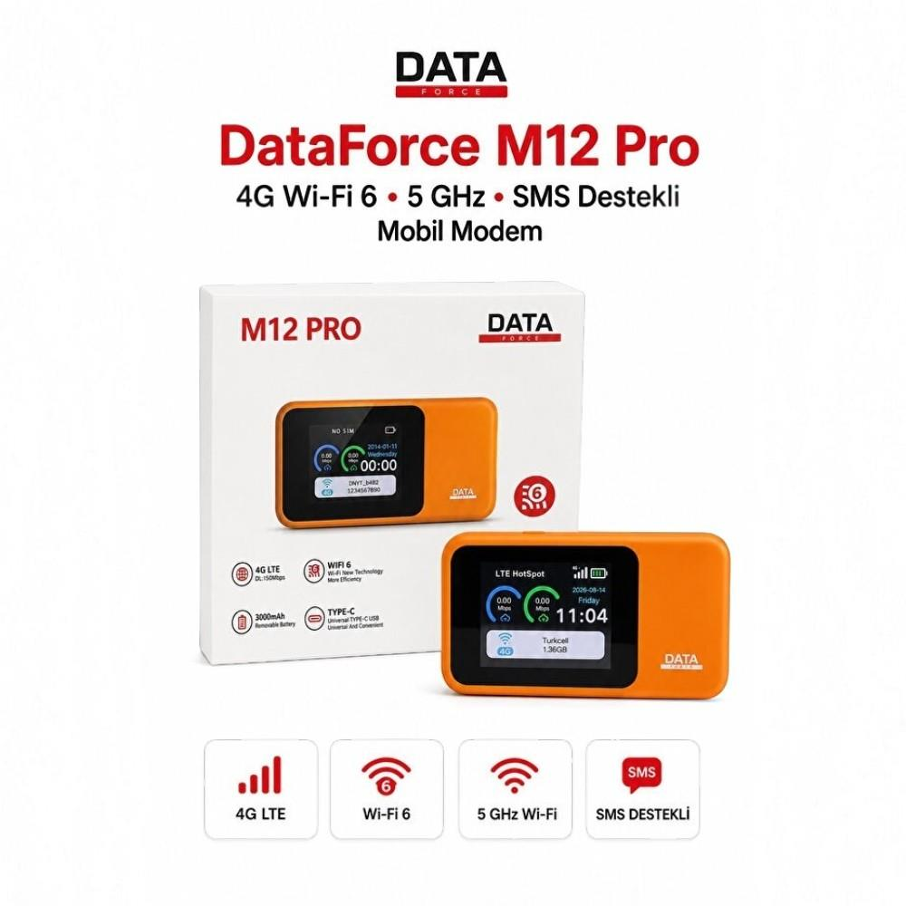 Turuncu renkli DataForce M12 Pro 4G Wi-Fi 6 mobil modem, kutusu ve özellik simgeleriyle birlikte.