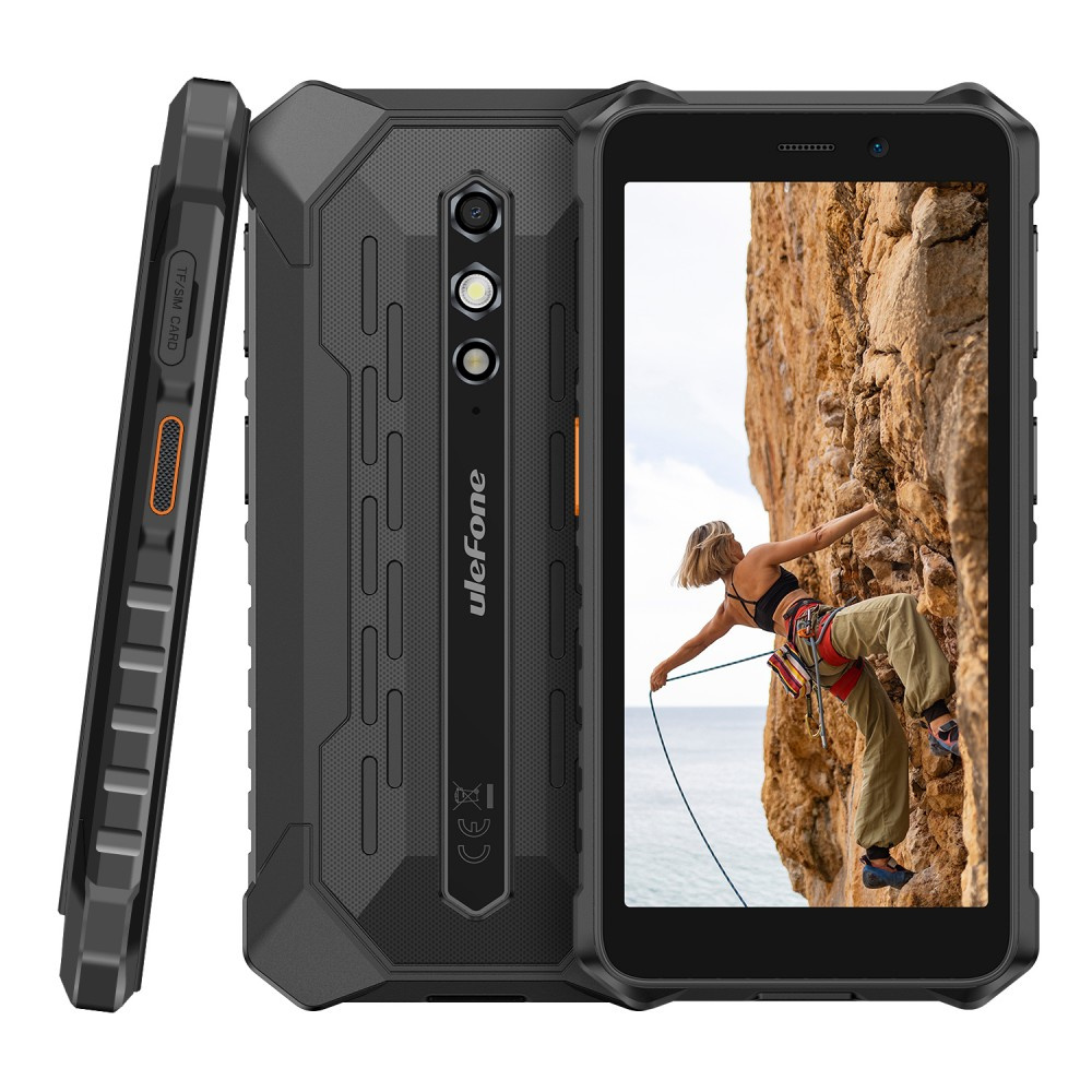 Tre viste di uno smartphone nero robusto con pulsanti laterali, fotocamere posteriori e uno schermo di arrampicata.
