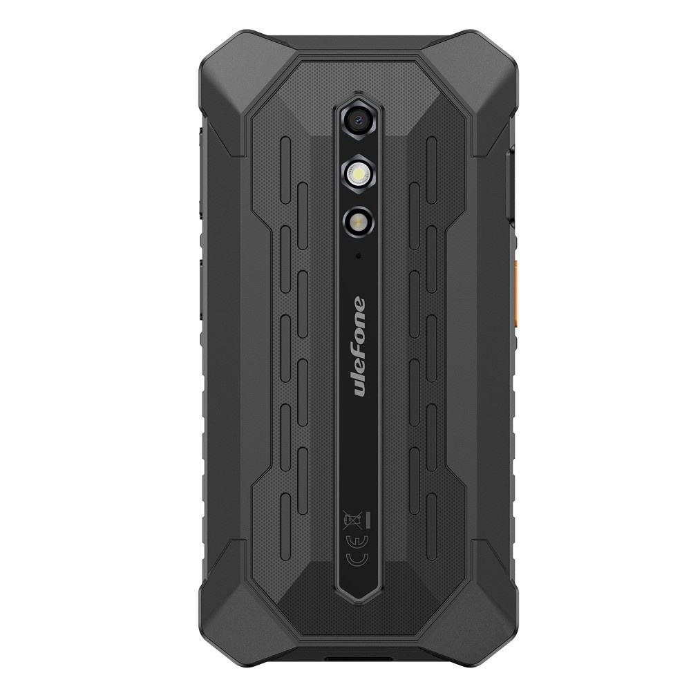 Vista posteriore di uno smartphone Ulefone nero robusto con striscia della fotocamera.