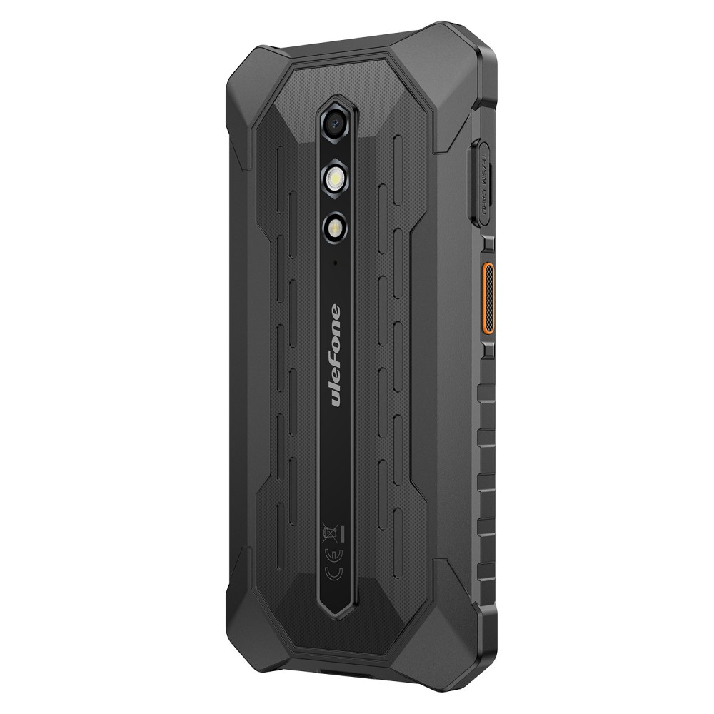Vista posteriore di uno smartphone Ulefone nero robusto con tripla fotocamera e custodia.