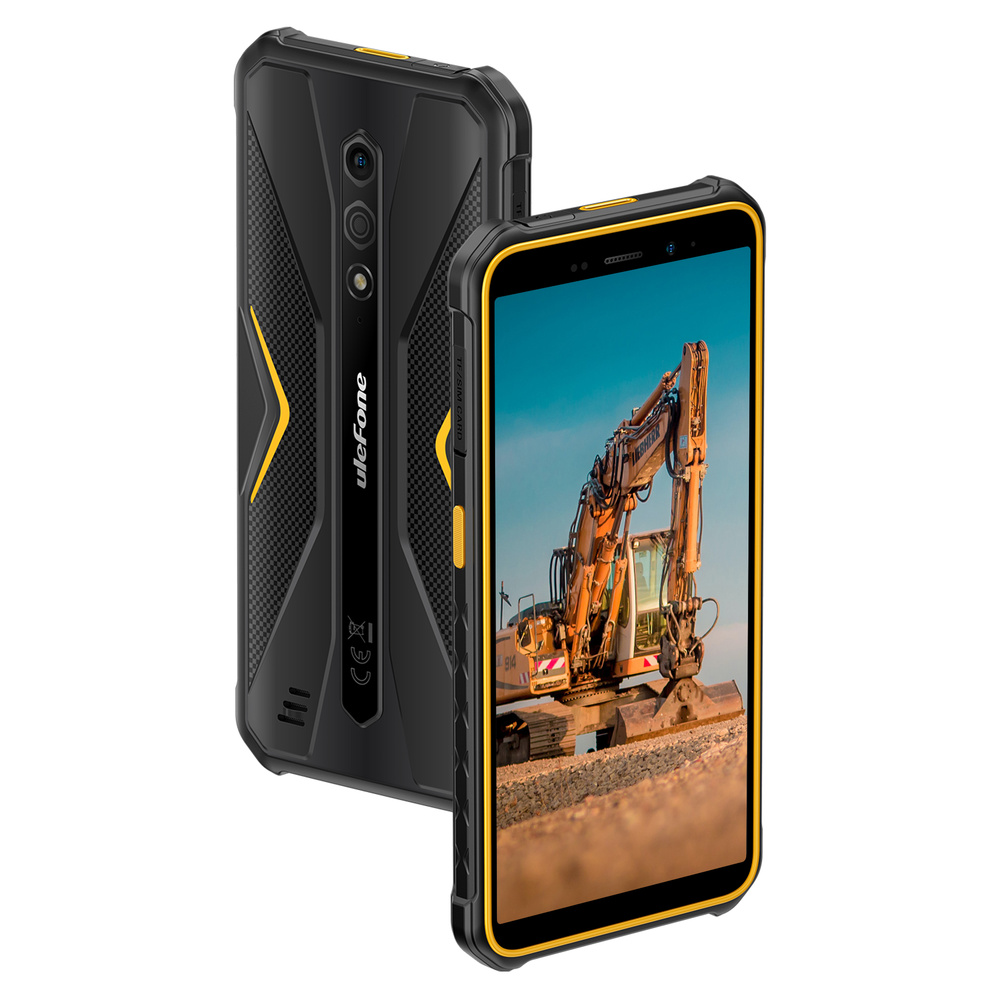 Zwei robuste Ulefone-Smartphones in Schwarz und Gelb, eines zeigt die Vorderseite mit einem Bagger.
