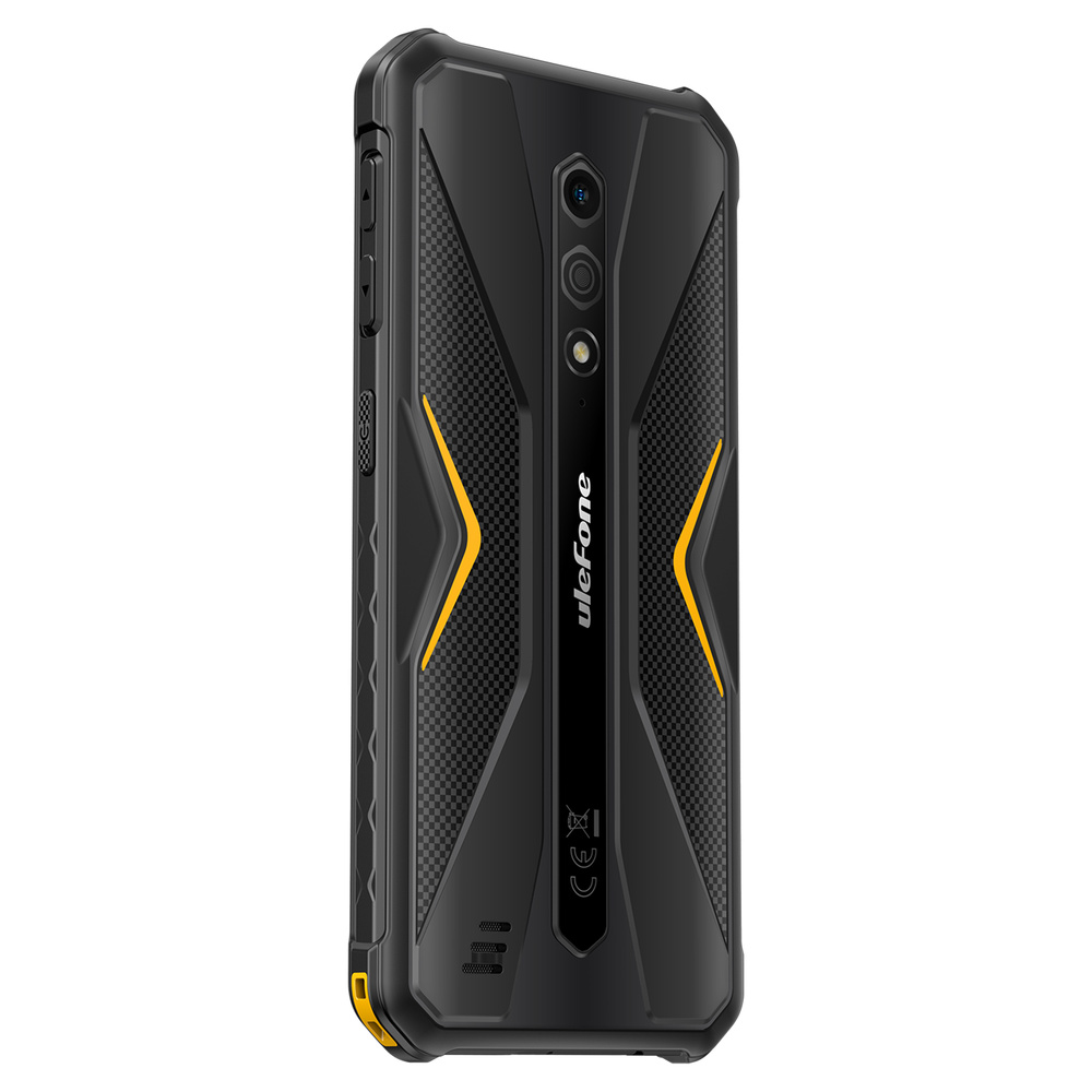 Rückseite eines schwarzen Ulefone-Smartphones mit gelben Akzenten und vertikaler Doppelkamera.