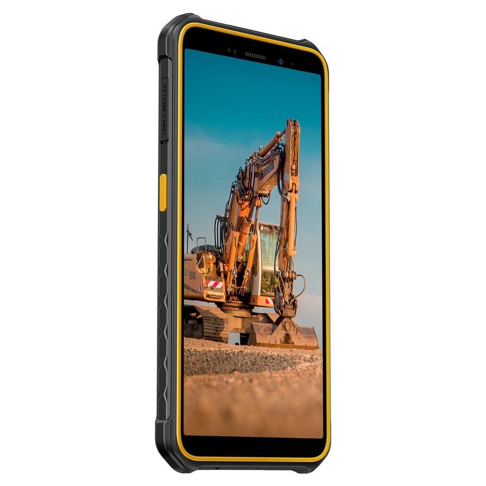 Ein schwarz-gelbes Outdoor-Smartphone zeigt einen Bagger auf dem Bildschirm vor blauem Himmel.