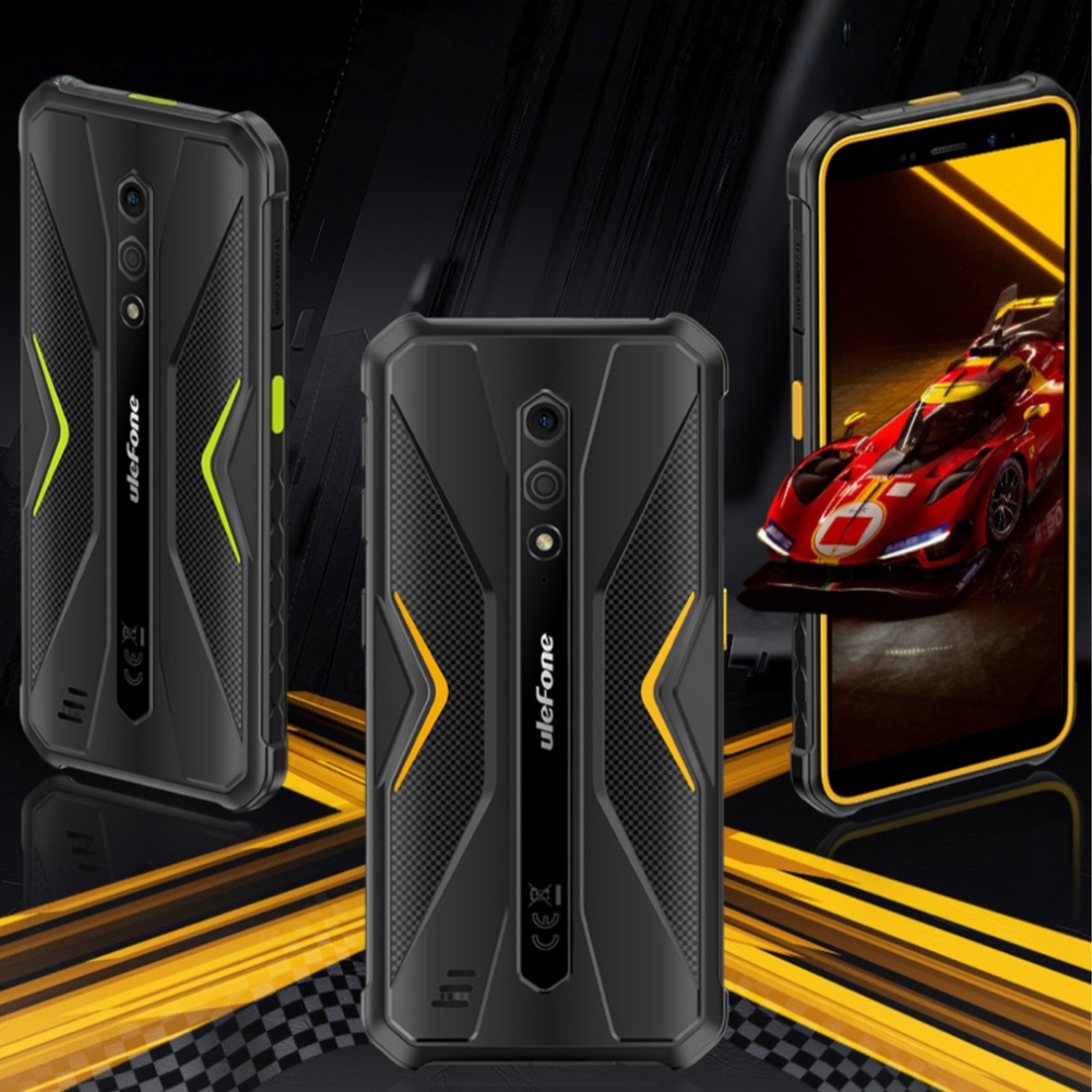 Drei robuste Ulefone-Smartphones vor einem dunklen Hintergrund mit gelben Akzenten und einer Rennwagen-Grafik.