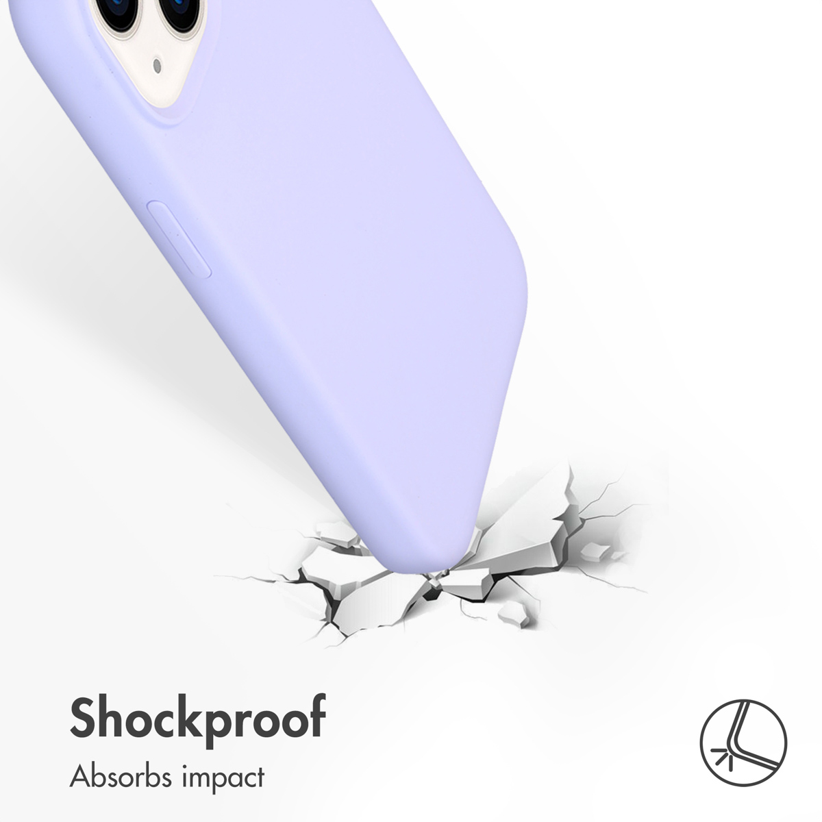 Una custodia lilla impatta su una superficie bianca incrinata, con testo Shockproof Absorbs impact.