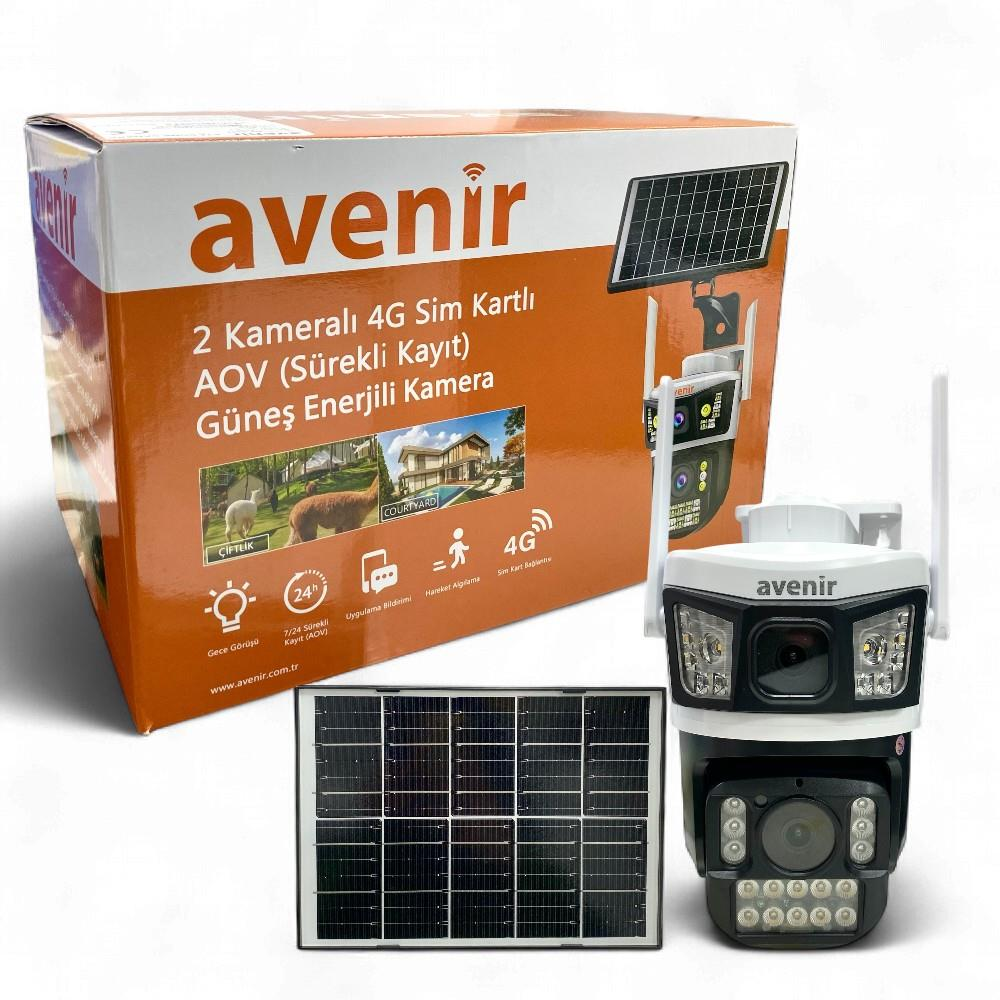 Ürün kutusunun önünde iki lensli ve güneş panelli Avenir 4G güneş enerjili güvenlik kamerası.