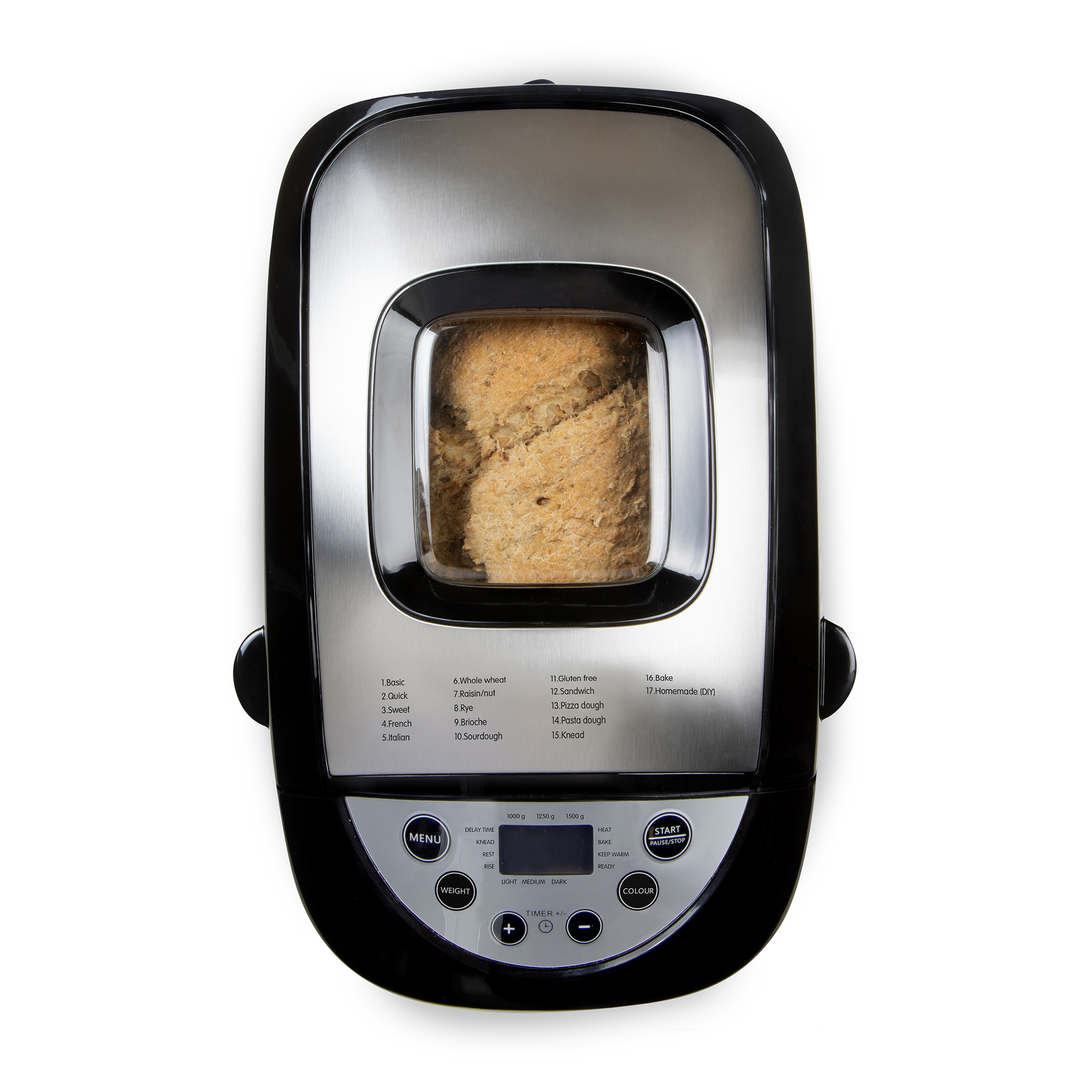 Ein moderner Brotbackautomat mit schwarzem und silbernem Gehäuse zeigt frisch gebackenes Brot durch ein Sichtfenster.