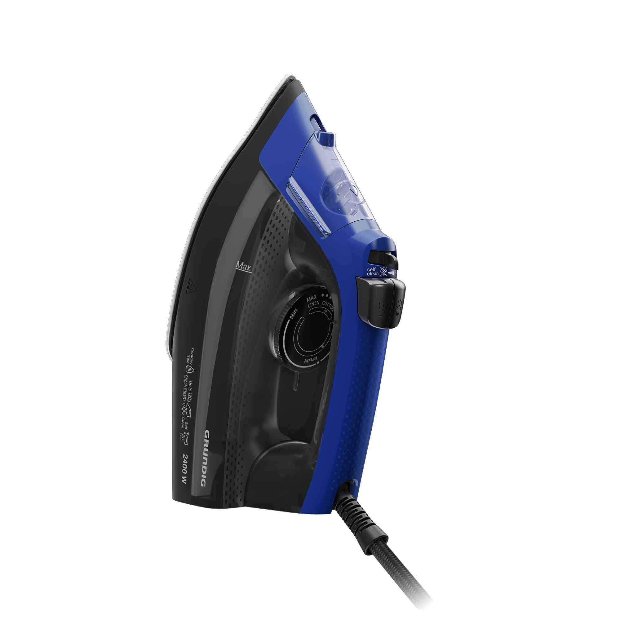 Ein schwarz-blaues Grundig Dampfbügeleisen vor weißem Hintergrund mit Temperaturregler und Netzkabel.