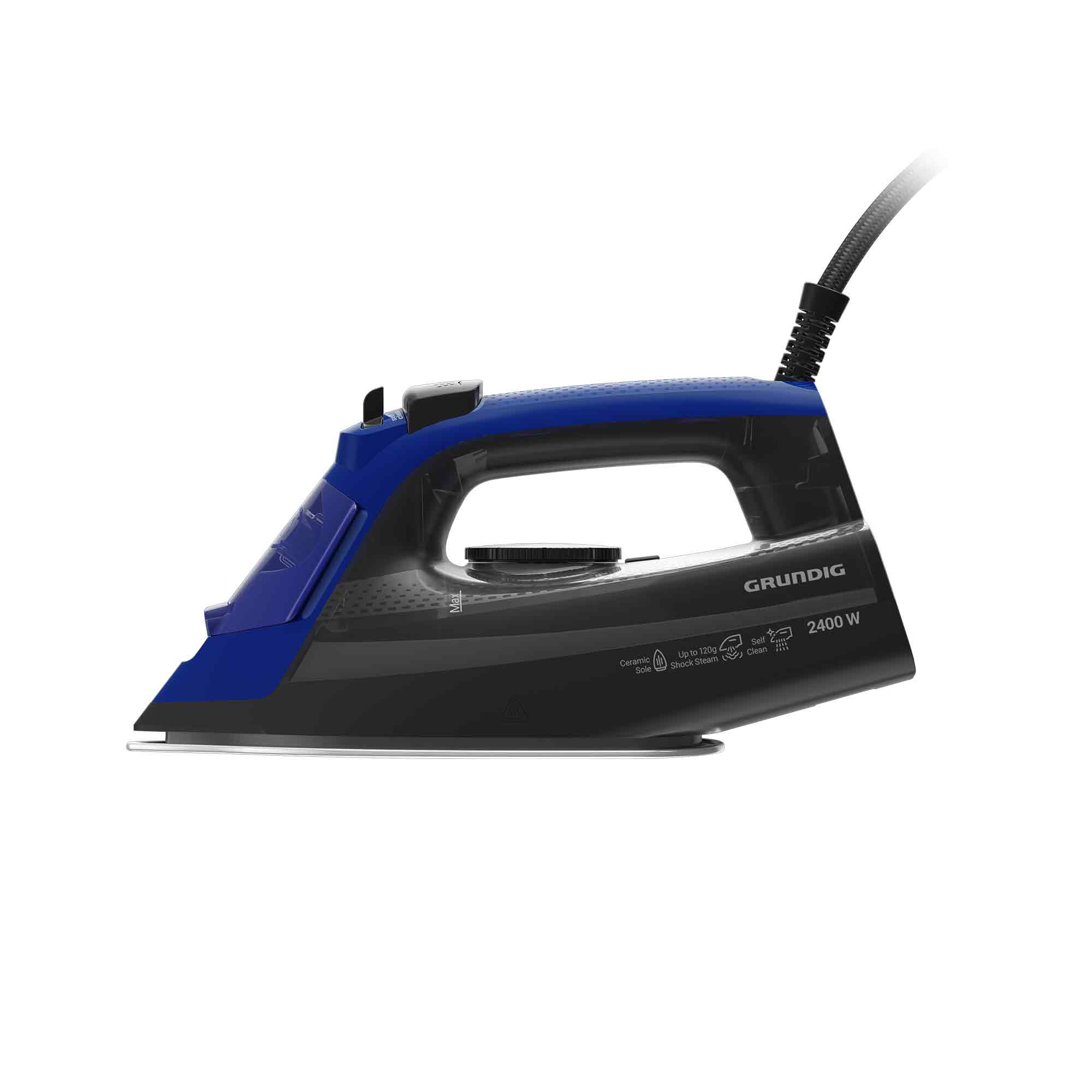 Moderne blaue und schwarze Dampfbügeleisen mit 2400 W Leistung und Keramiksohle auf weißem Hintergrund.