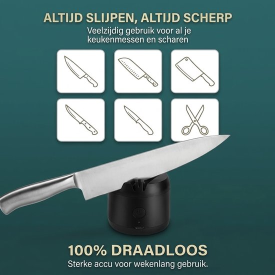 A black electric knife sharpener with a chef knife on top, and icons of various knives and scissors above.