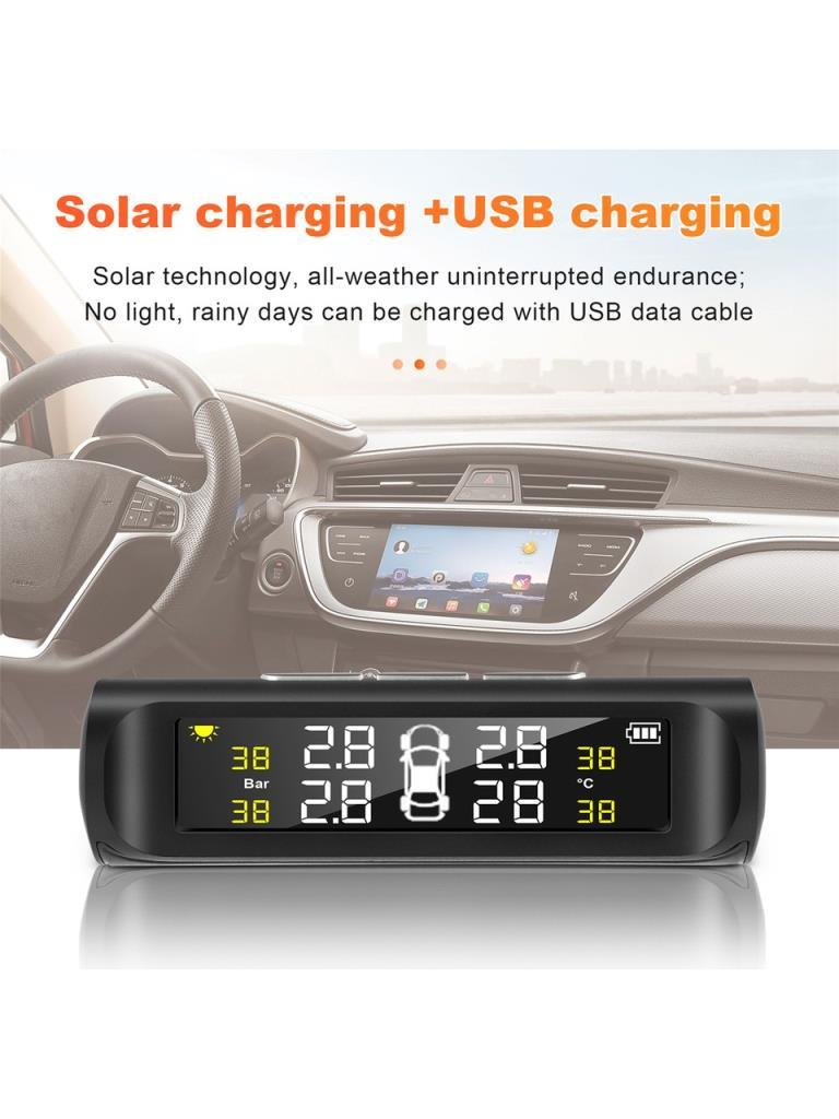 Araba ön paneli arkaplanında güneş ve USB enerjili araç lastik basınç monitörü.