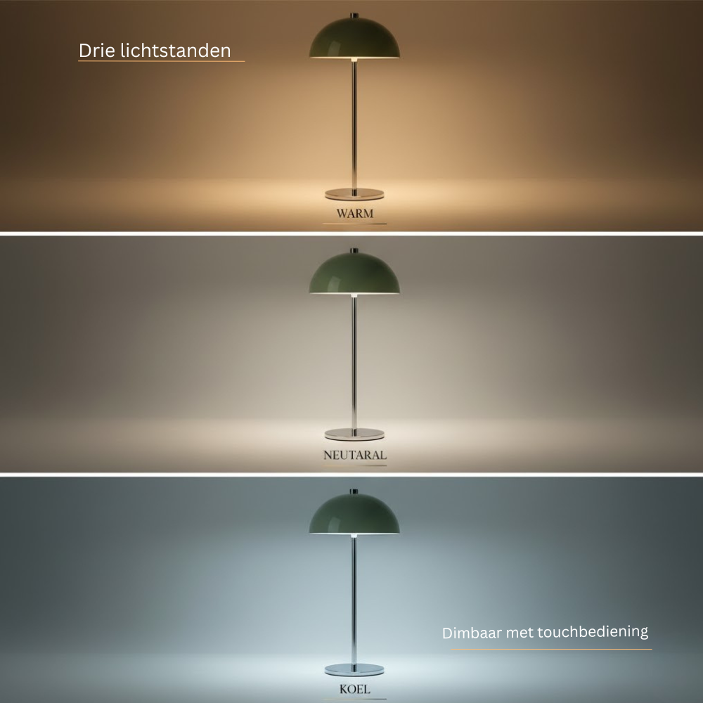 Een groene tafellamp getoond in drie lichtstanden: warm, neutraal en koel, tegen een donkere achtergrond.