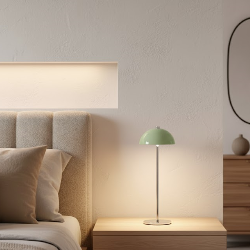Een groene tafellamp staat op een nachtkastje naast een bed met een licht hoofdbord.