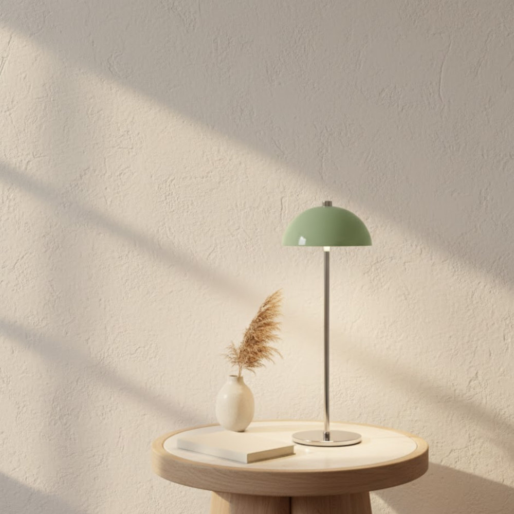 Een ronde houten tafel heeft een groene lamp, een witte vaas met gedroogd gras en een boek tegen een beige muur.