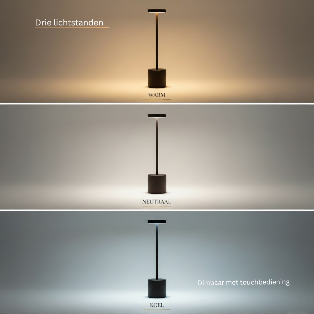 A black modern table lamp showing three different color temperatures: warm, neutral, and cool light.