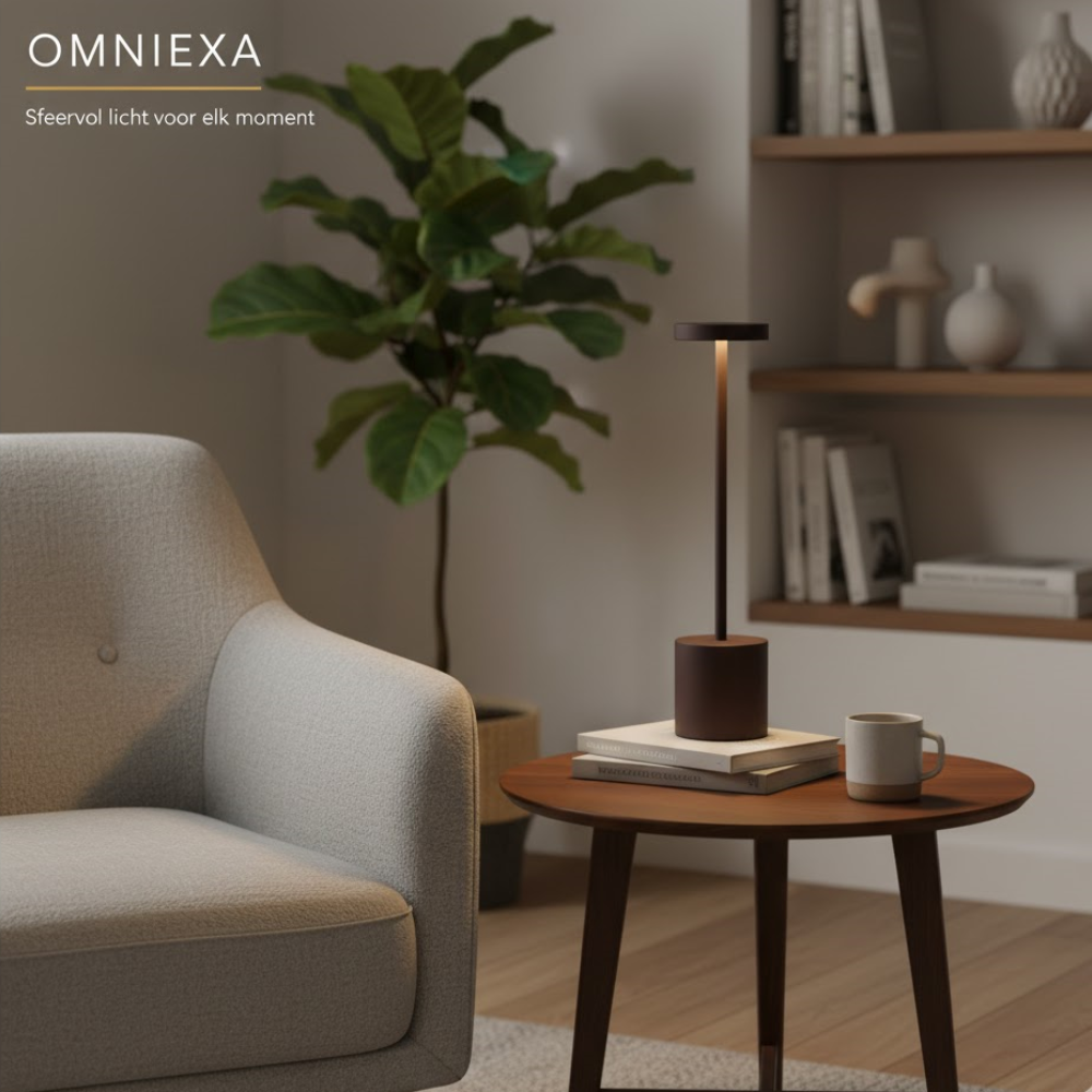 A sleek modern table lamp on a wooden side table next to an armchair, with a potted plant and shelves in the background.