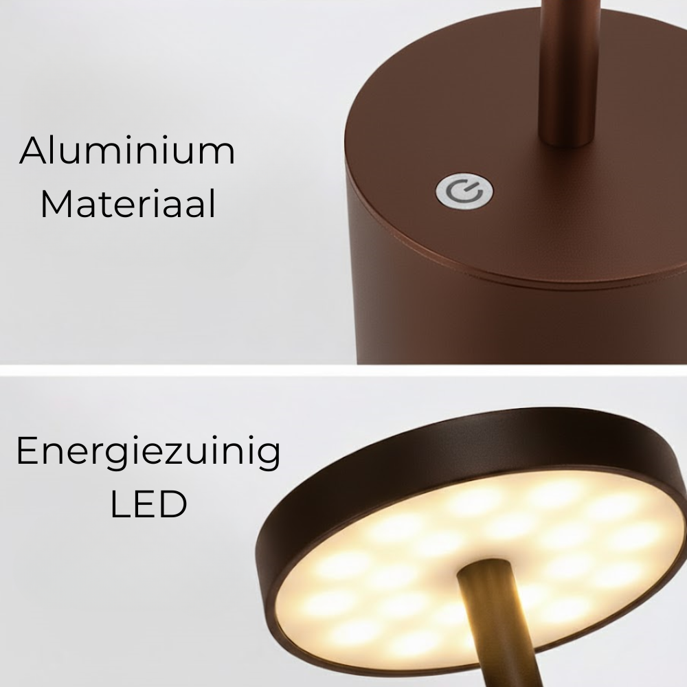 Brown aluminum lamp with touch power button and LED lights.