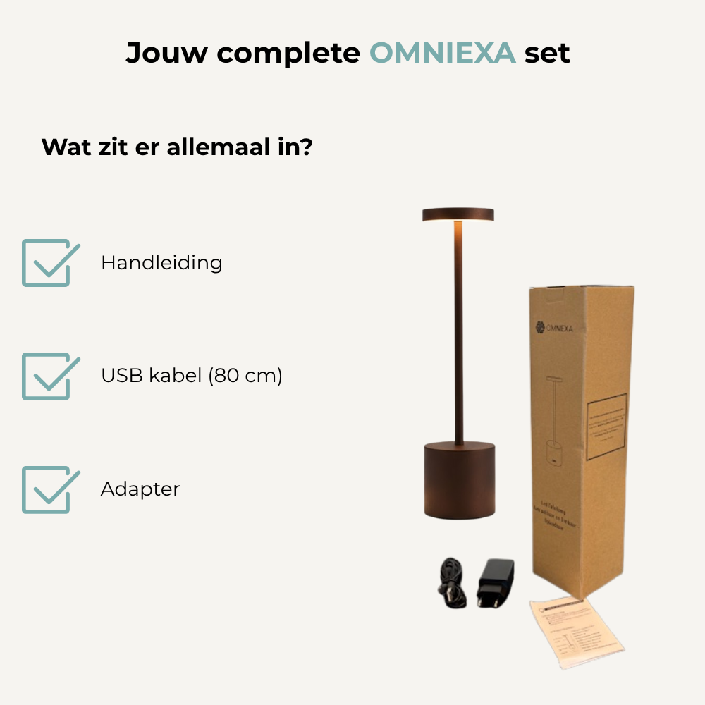 OMNIEXA set contents: lamp, USB cable, adapter, manual, and box.