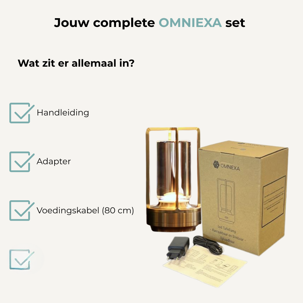 Omniexa set met lamp, doos, adapter, voedingskabel en handleiding.