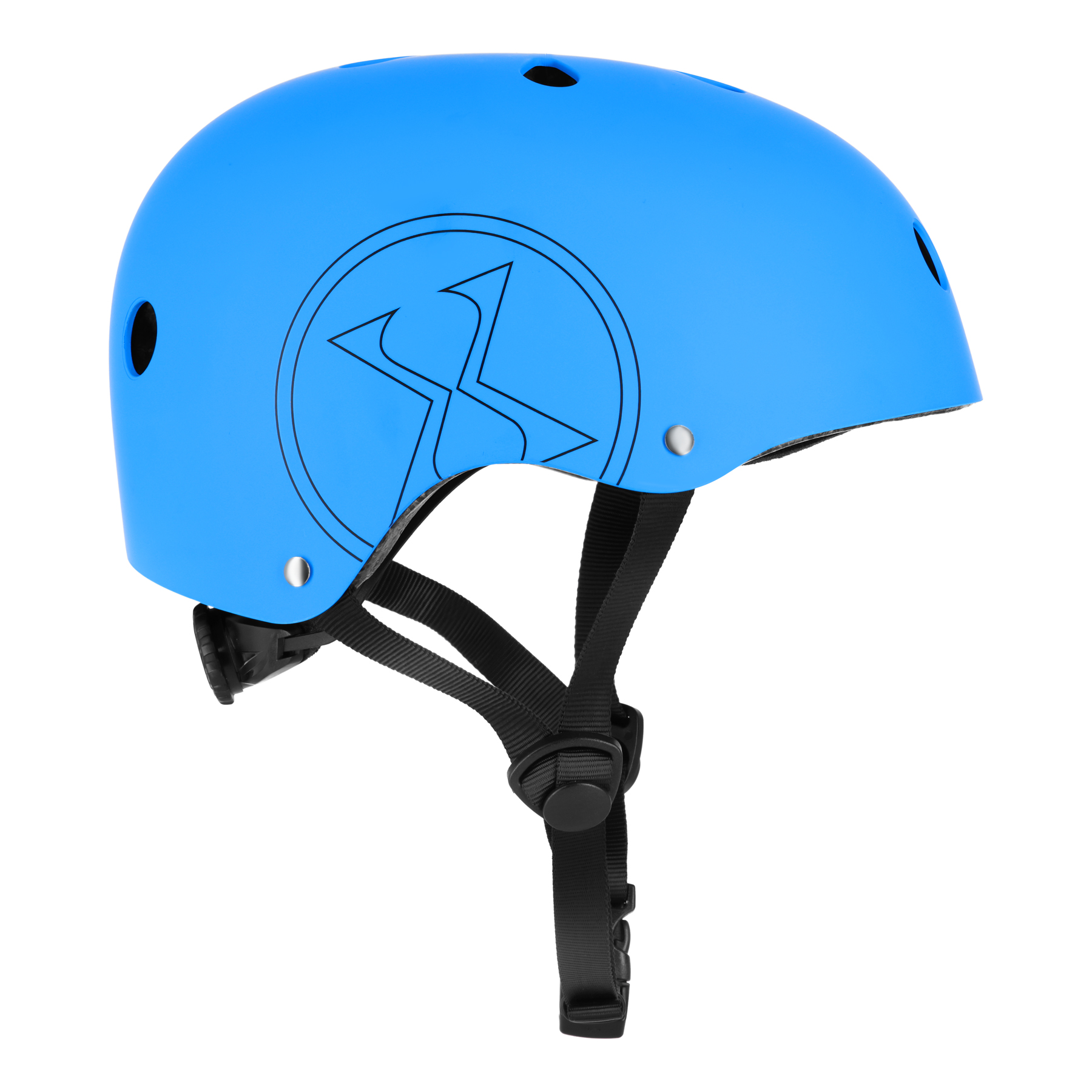 Niebieski kask sportowy z czarnymi paskami i czarnym logo graficznym z boku na białym tle.