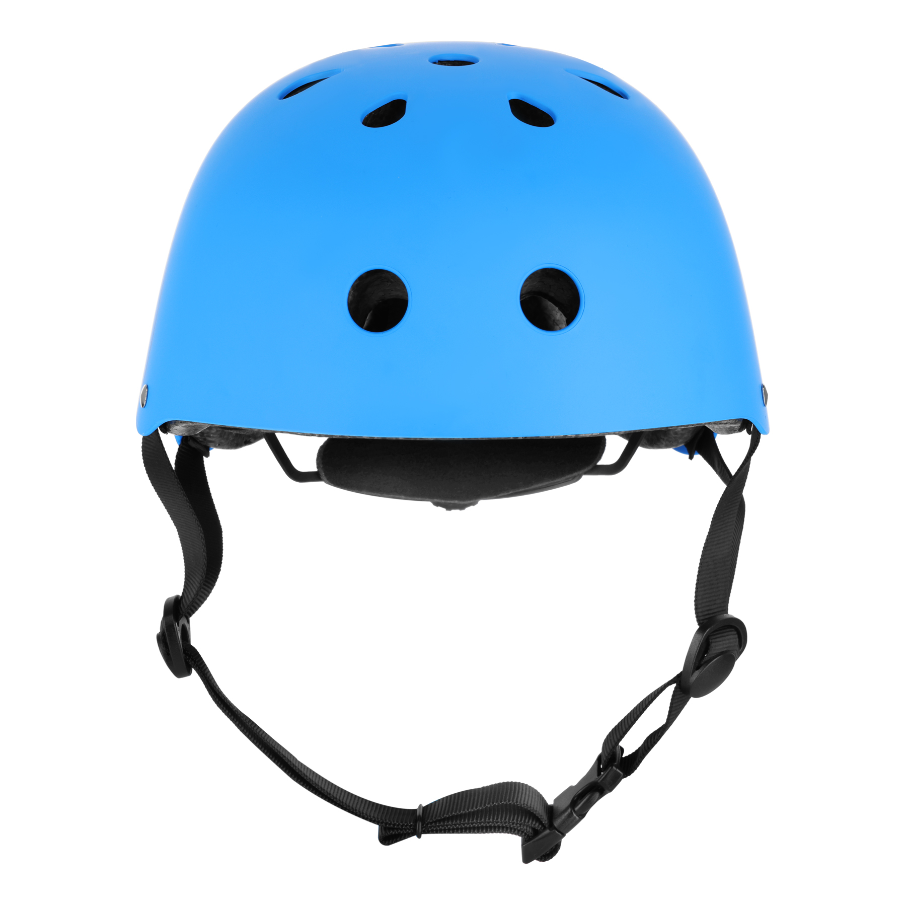 Jasnoniebieski kask sportowy z czarnymi paskami i wieloma otworami wentylacyjnymi na białym tle.