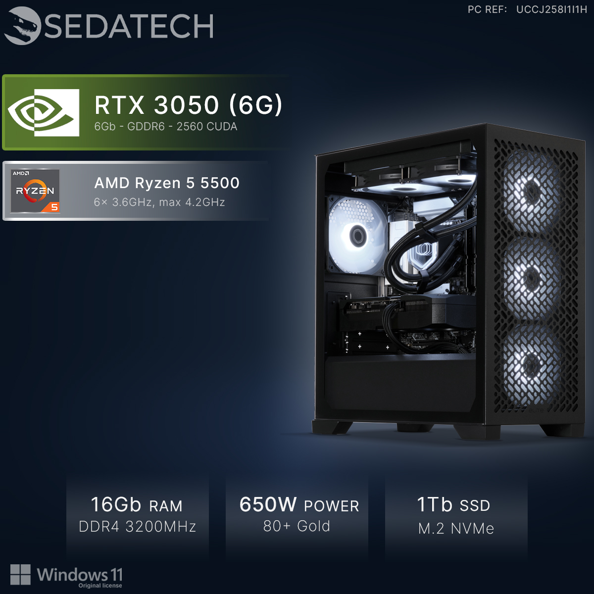 Sedatech Gaming-PC mit RTX 3050, AMD Ryzen 5 5500, 16GB RAM und 1TB SSD.