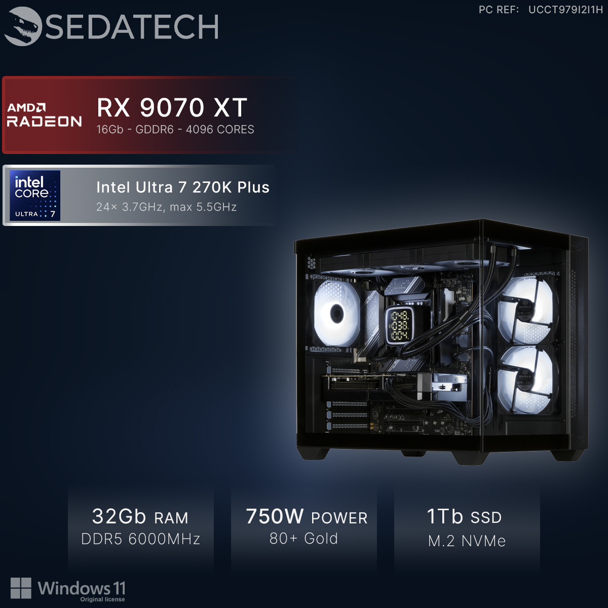 Sedatech PC mit AMD Radeon RX 9070 XT, Intel Ultra 7, 32GB RAM, 750W Netzteil und 1TB SSD.