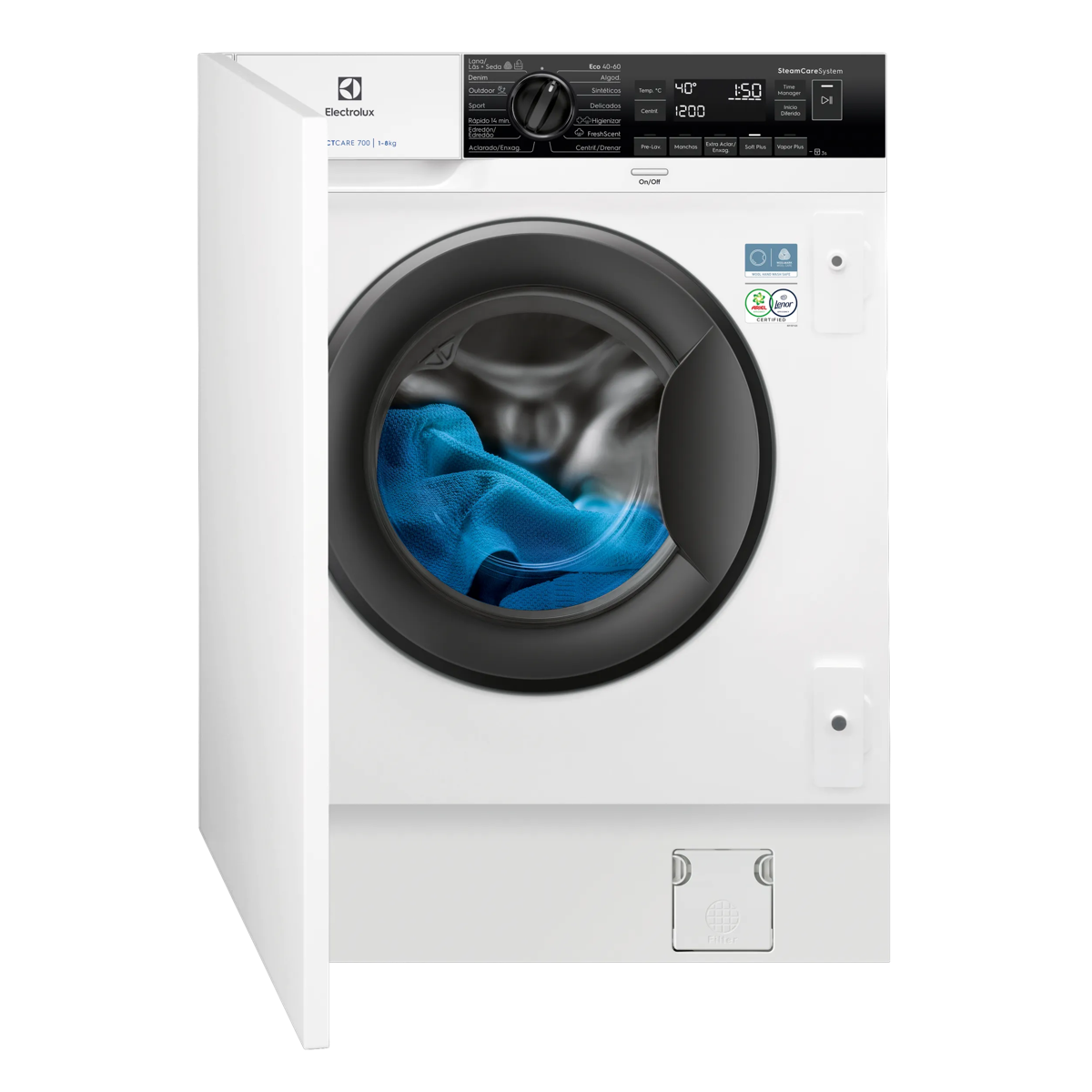 Una lavadora blanca Electrolux con puerta negra muestra ropa azul en el tambor.
